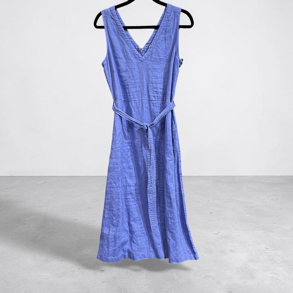 NWT Nicole Miller Womens Blue 100% Linen A-Line V-Neck Pockets Midi Zip 6